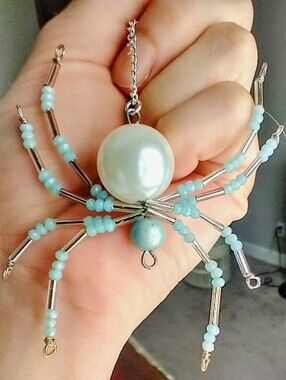 Hand Crafted • Blue, Pearl & Translucent Beaded Spider Pendant